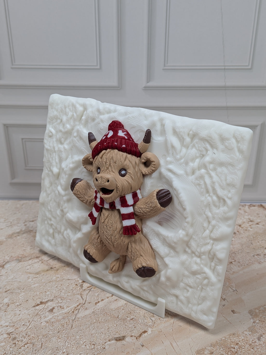 Highland Cow Snow Angel 3D Printed Plaque 5"x4" Winter Christmas Desk Decor with Stand