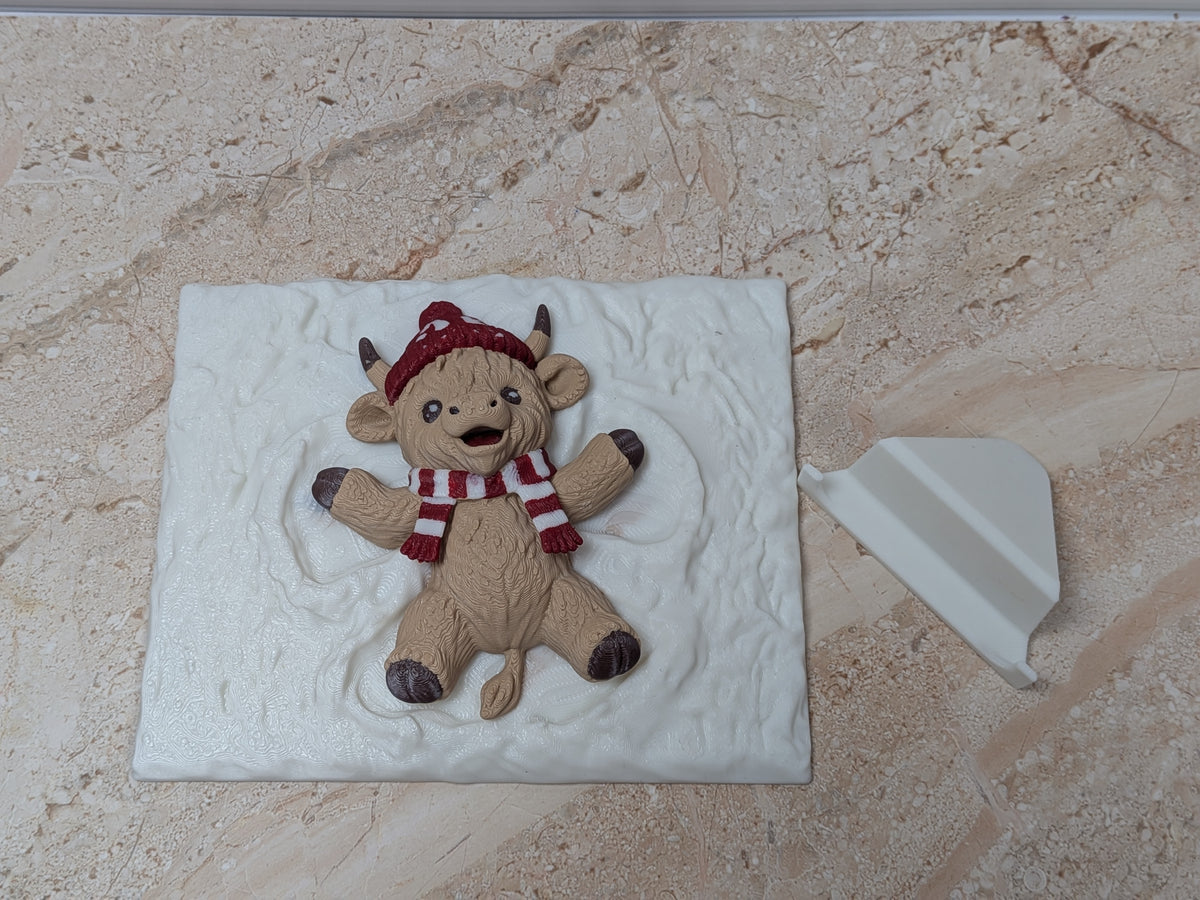 Highland Cow Snow Angel 3D Printed Plaque 5"x4" Winter Christmas Desk Decor with Stand