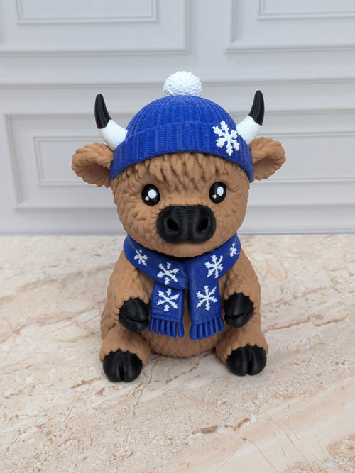 4" Winter Highland Cow Figurine 3D Printed Snowflake Beanie Scarf Christmas Desk Decor