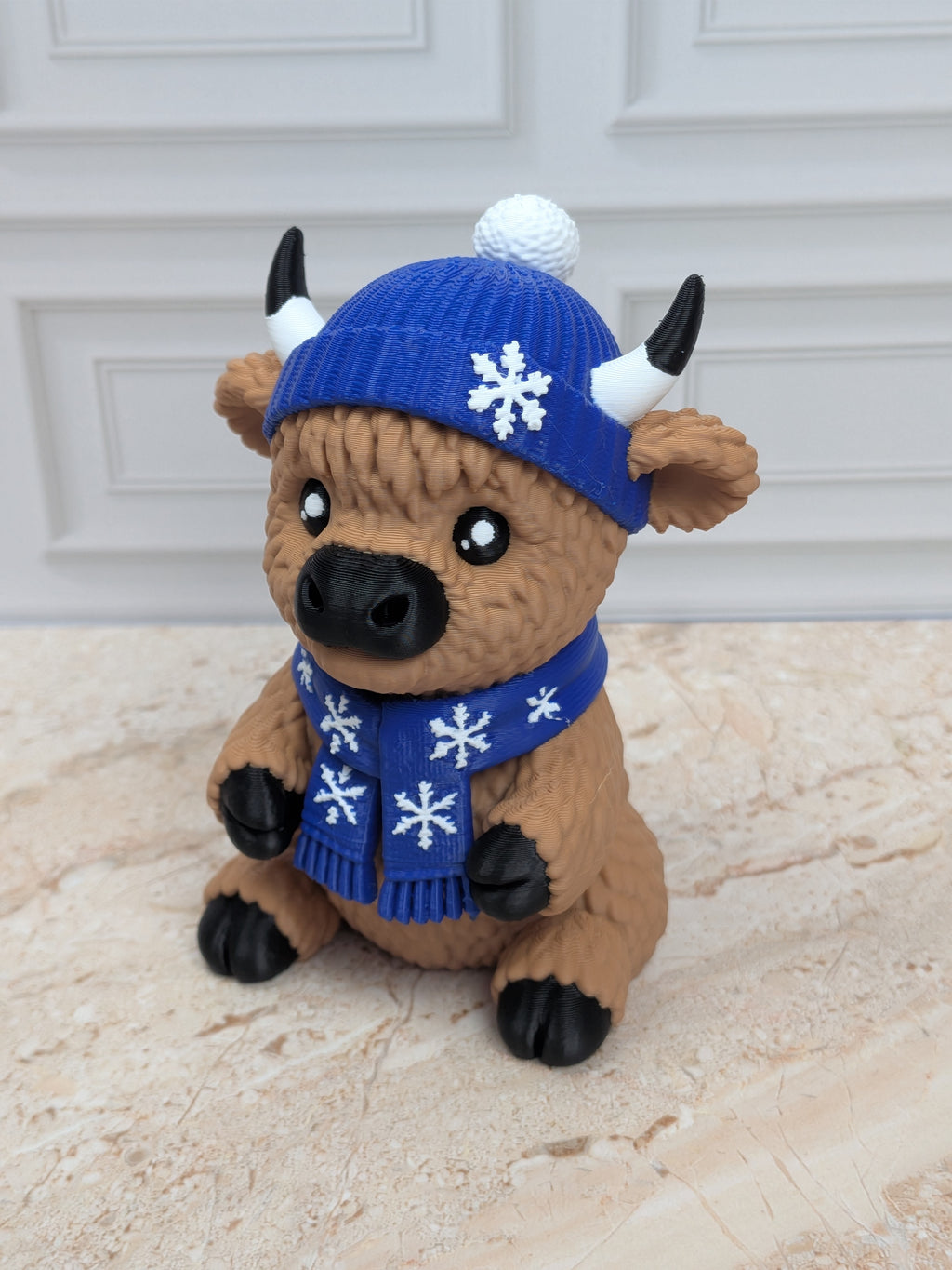 4" Winter Highland Cow Figurine 3D Printed Snowflake Beanie Scarf Christmas Desk Decor