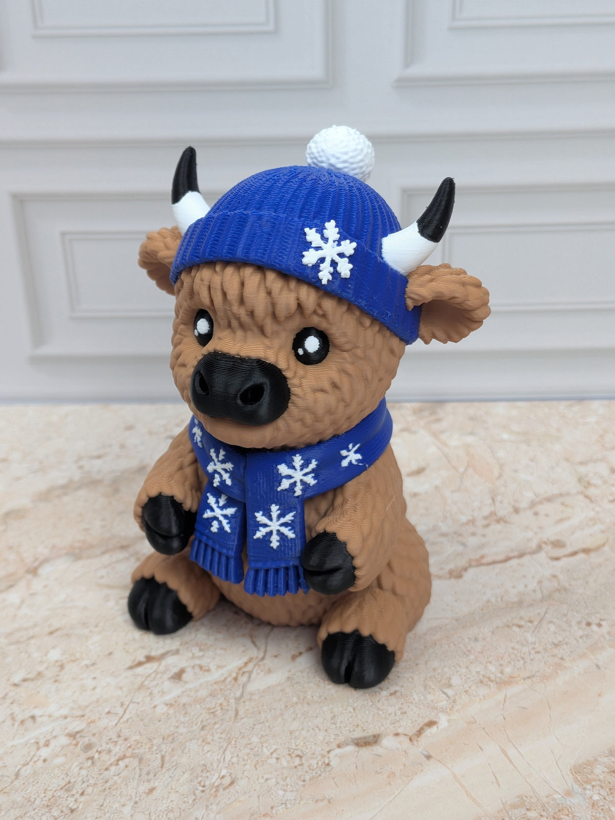 4" Winter Highland Cow Figurine 3D Printed Snowflake Beanie Scarf Christmas Desk Decor