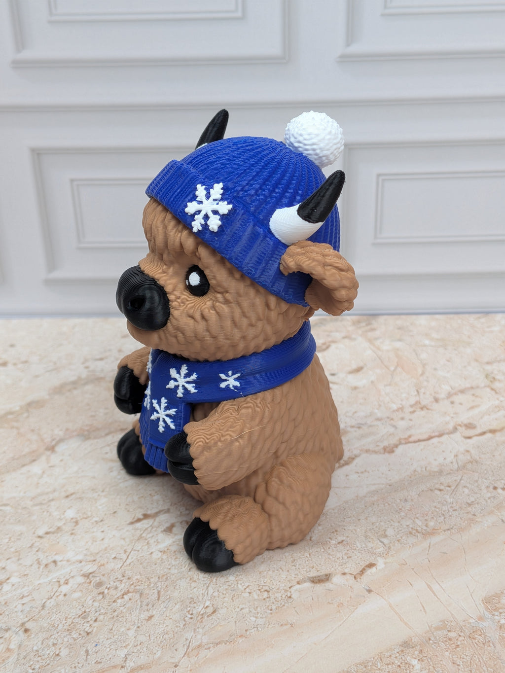 4" Winter Highland Cow Figurine 3D Printed Snowflake Beanie Scarf Christmas Desk Decor