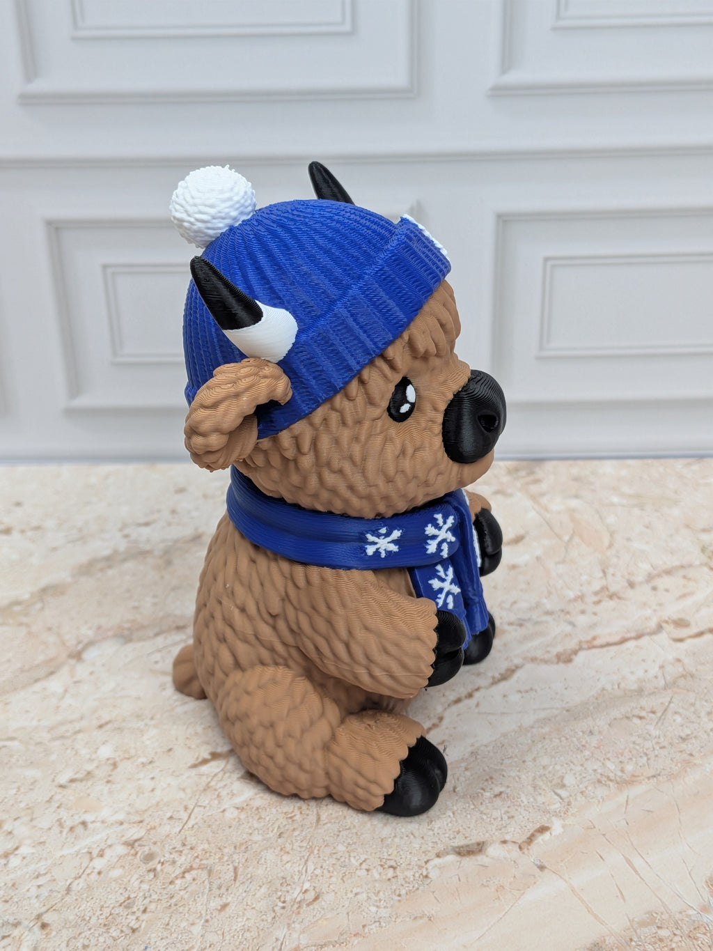 4" Winter Highland Cow Figurine 3D Printed Snowflake Beanie Scarf Christmas Desk Decor