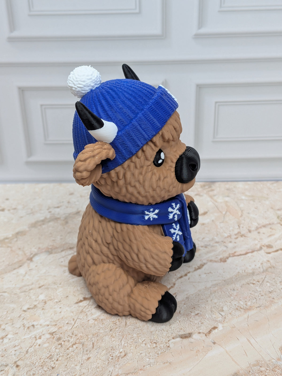 4" Winter Highland Cow Figurine 3D Printed Snowflake Beanie Scarf Christmas Desk Decor
