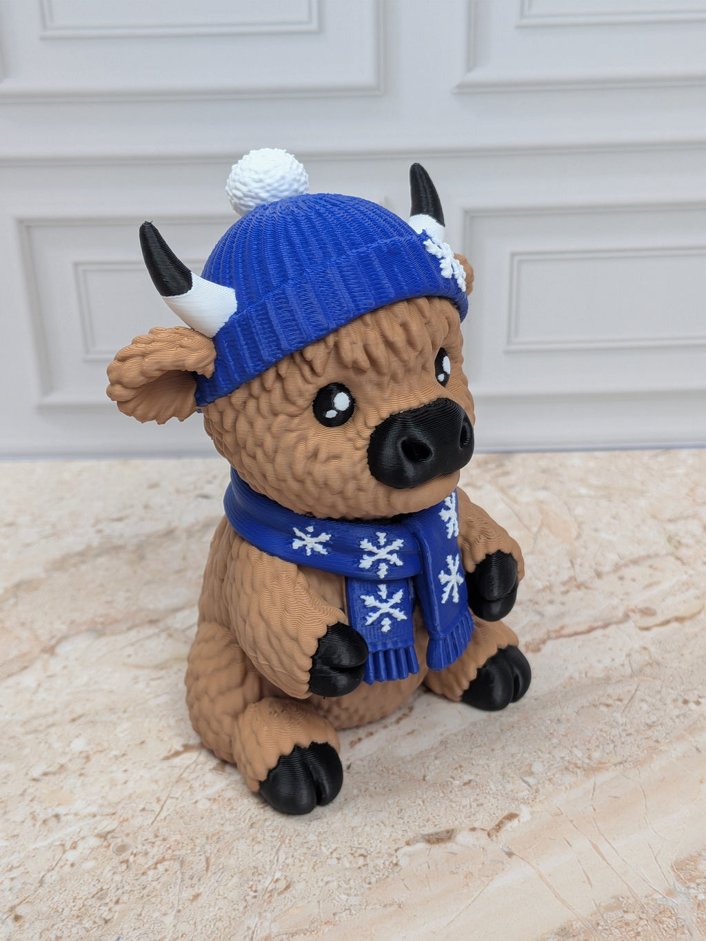 4" Winter Highland Cow Figurine 3D Printed Snowflake Beanie Scarf Christmas Desk Decor
