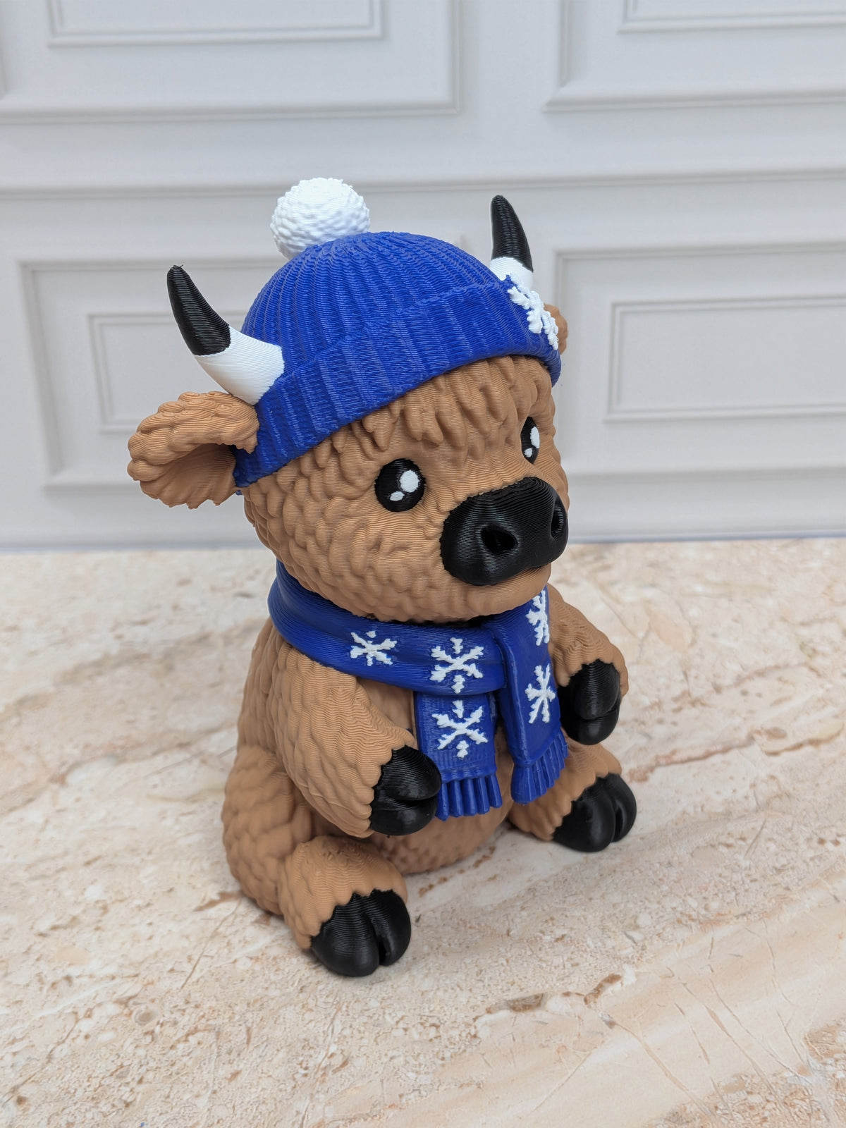 4" Winter Highland Cow Figurine 3D Printed Snowflake Beanie Scarf Christmas Desk Decor