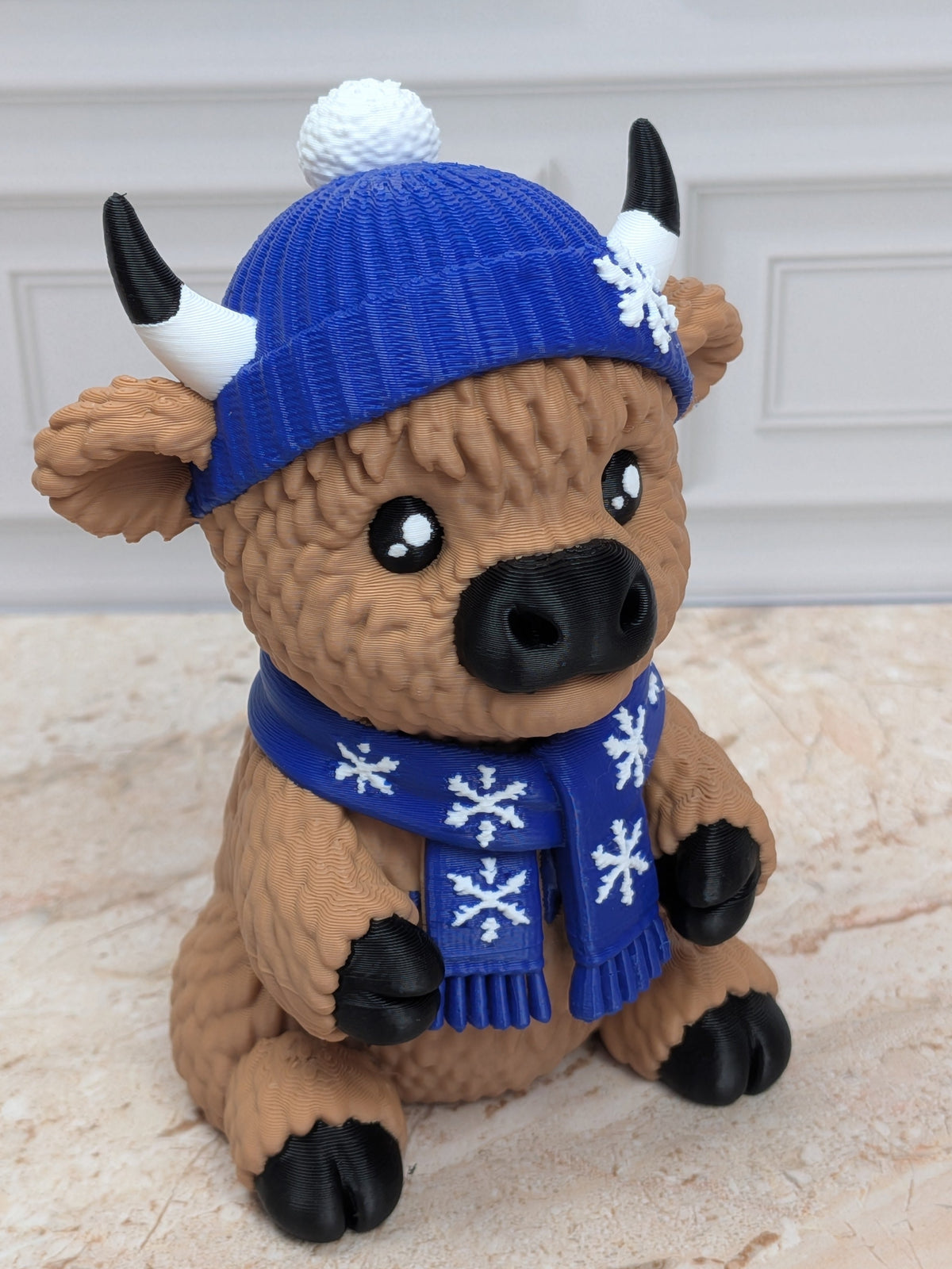 4" Winter Highland Cow Figurine 3D Printed Snowflake Beanie Scarf Christmas Desk Decor