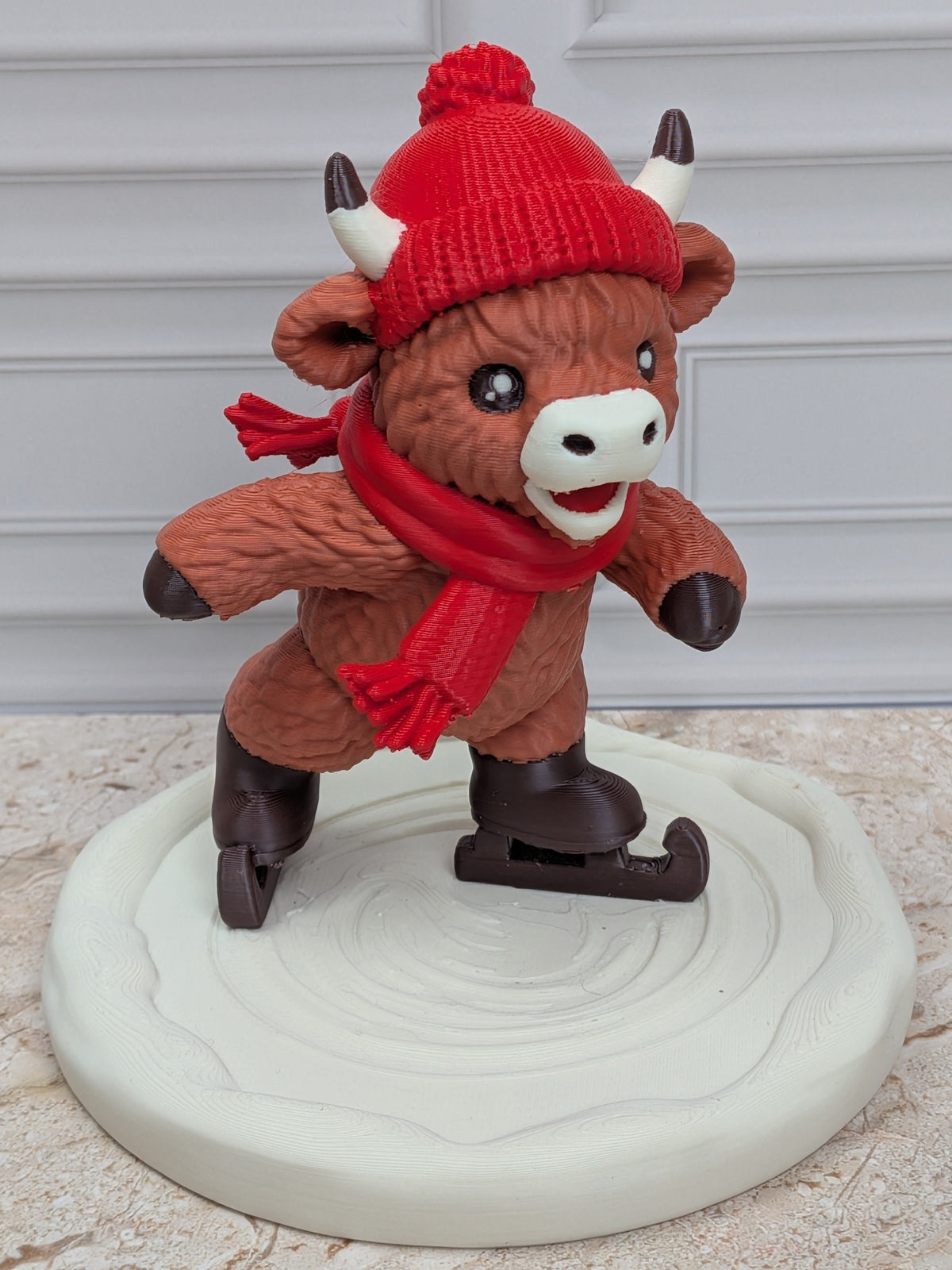 4" Ice Skating Highland Cow Figurine 3D Printed Winter Rink Christmas Tiered Tray Decor
