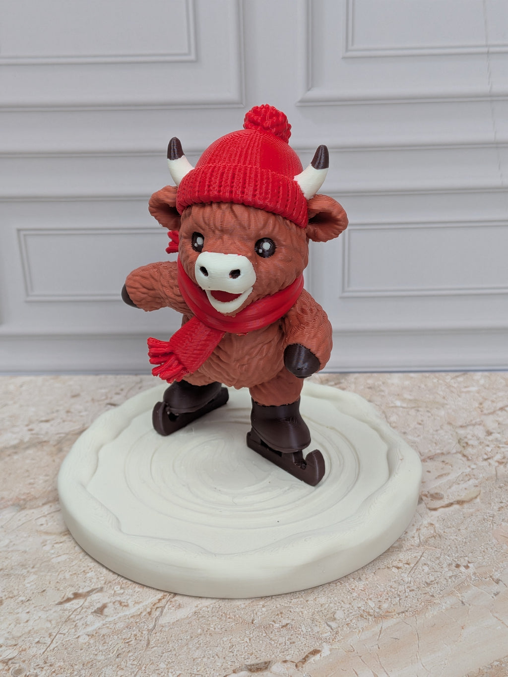 4" Ice Skating Highland Cow Figurine 3D Printed Winter Rink Christmas Tiered Tray Decor