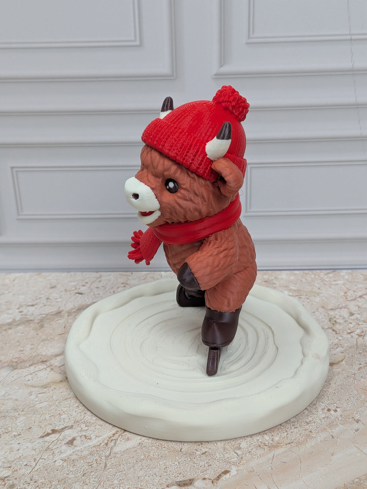 4" Ice Skating Highland Cow Figurine 3D Printed Winter Rink Christmas Tiered Tray Decor