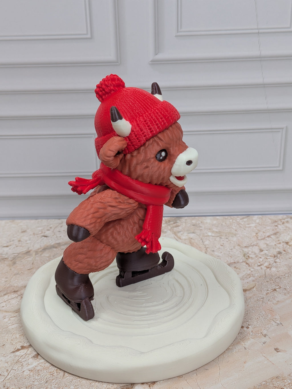 4" Ice Skating Highland Cow Figurine 3D Printed Winter Rink Christmas Tiered Tray Decor