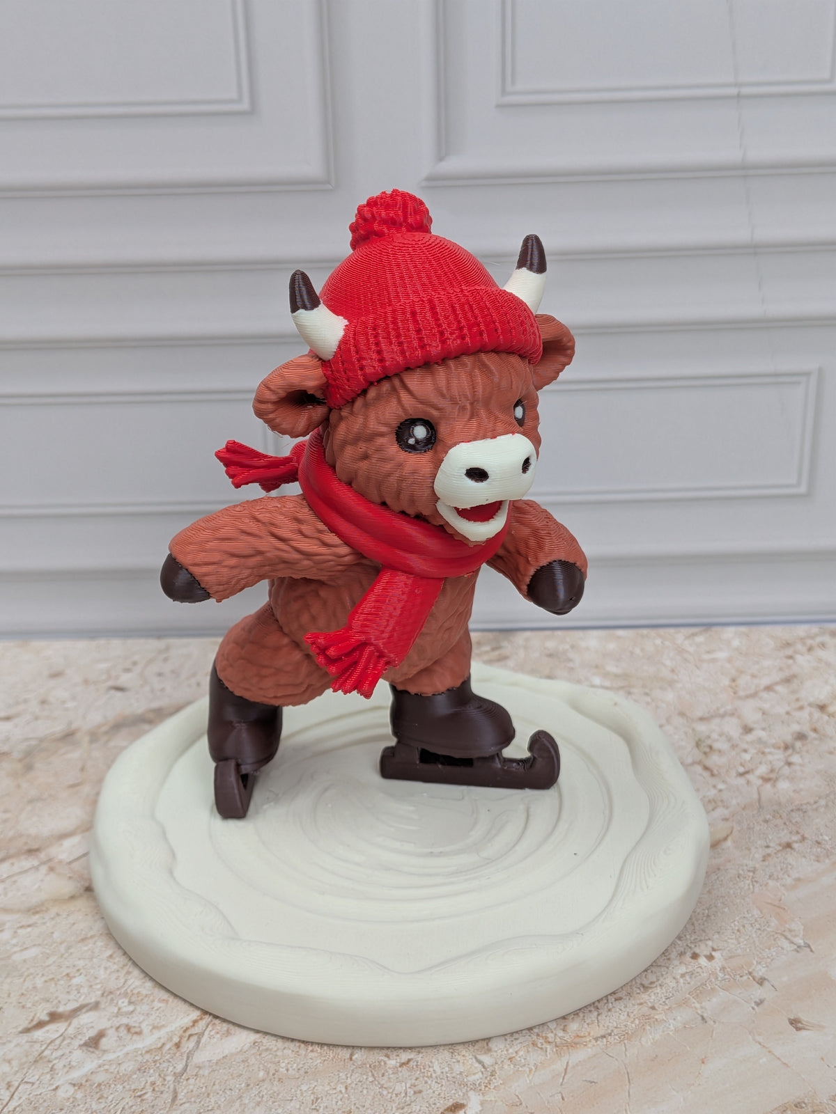 4" Ice Skating Highland Cow Figurine 3D Printed Winter Rink Christmas Tiered Tray Decor