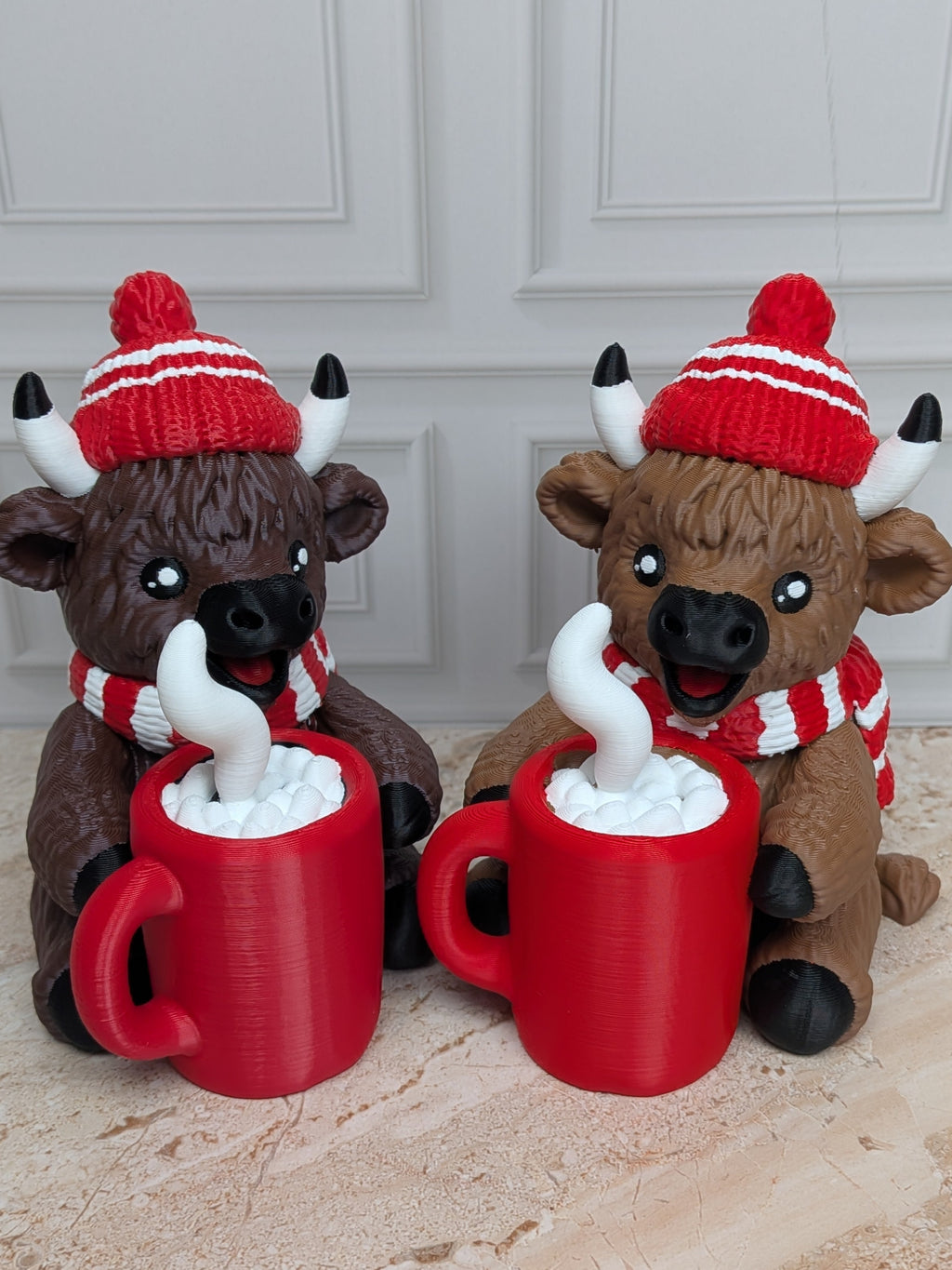 4" Hot Cocoa Highland Cow Figurine 3D Printed Winter Mug Christmas Tiered Tray Decor