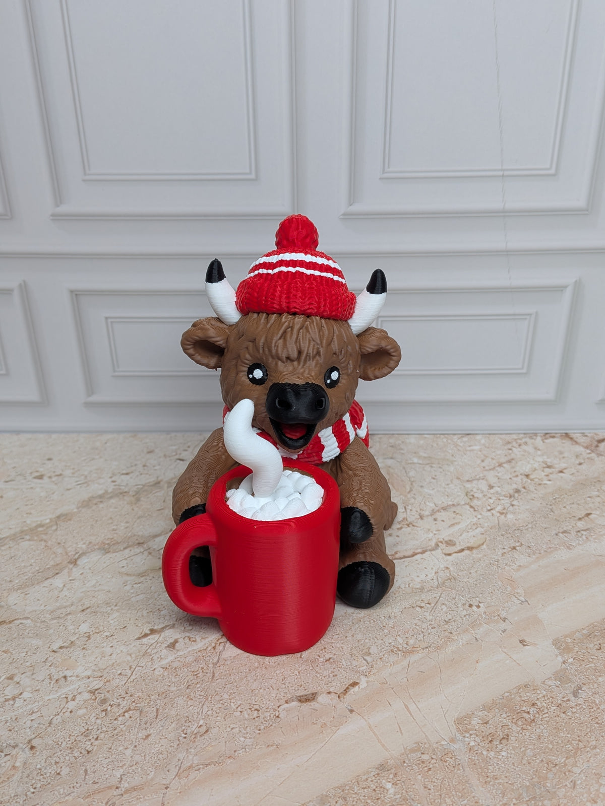 4" Hot Cocoa Highland Cow Figurine 3D Printed Winter Mug Christmas Tiered Tray Decor