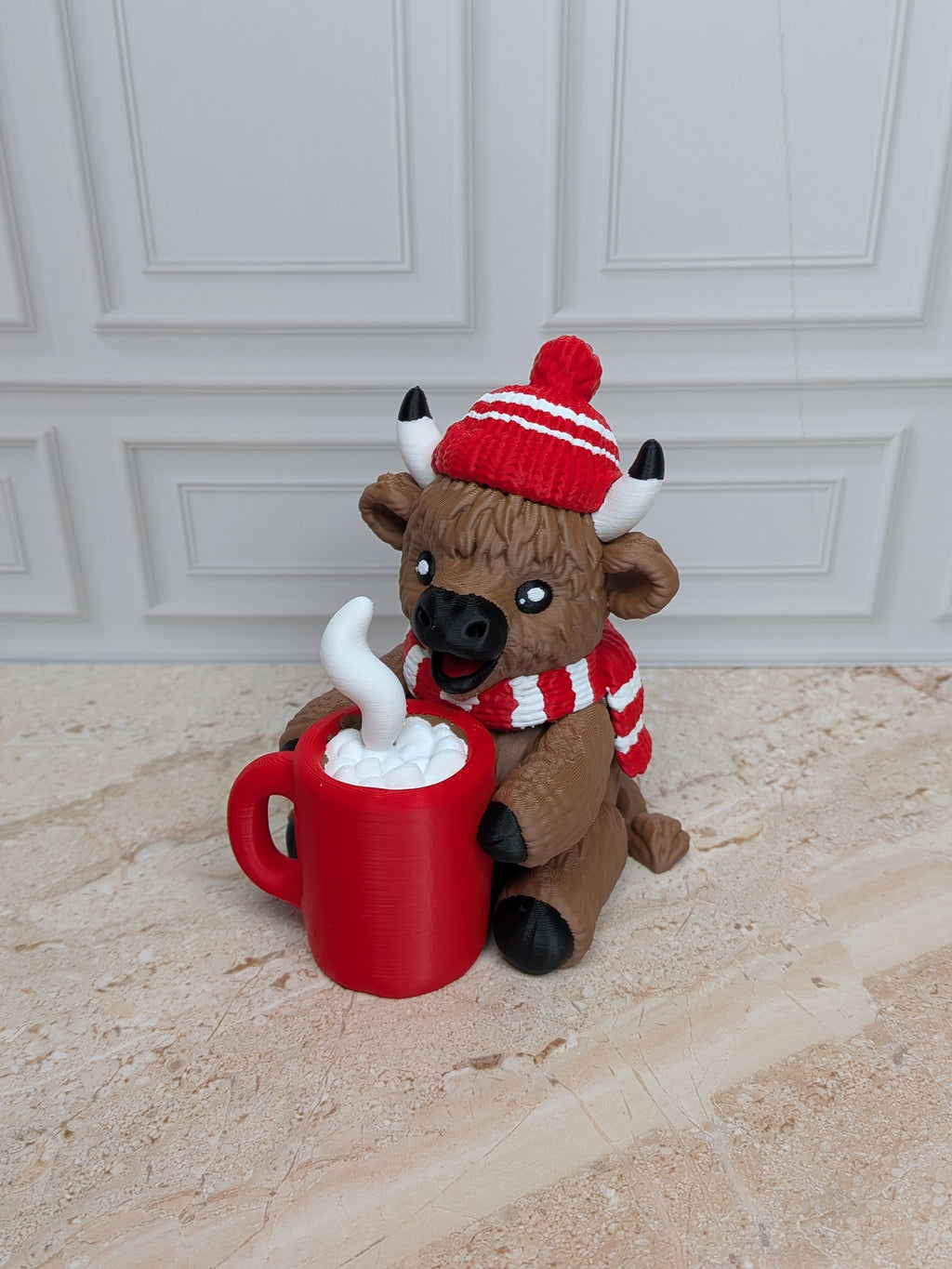 4" Hot Cocoa Highland Cow Figurine 3D Printed Winter Mug Christmas Tiered Tray Decor
