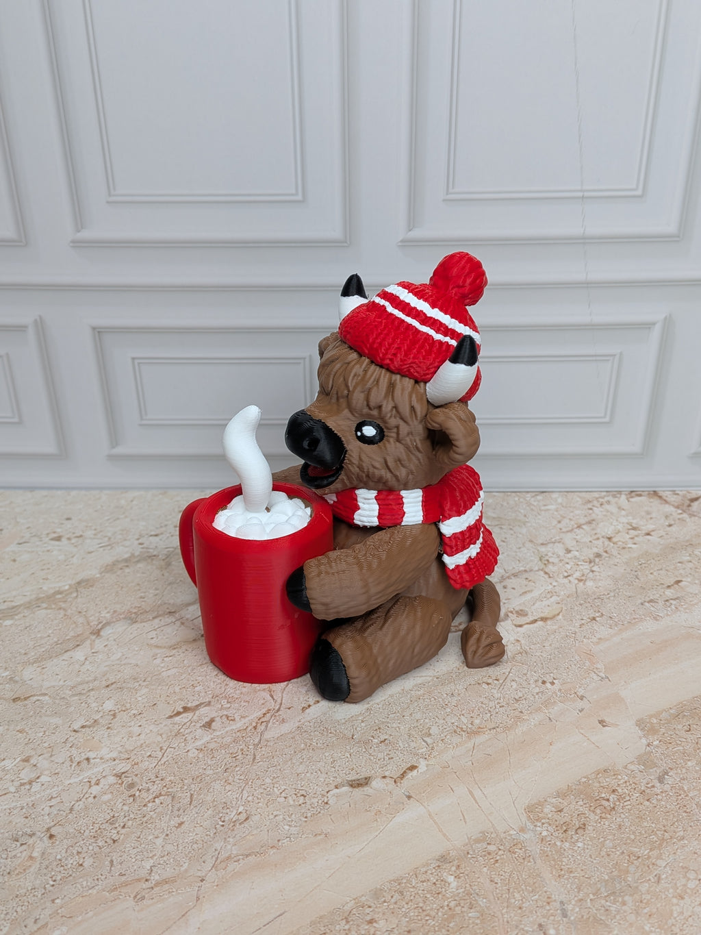 4" Hot Cocoa Highland Cow Figurine 3D Printed Winter Mug Christmas Tiered Tray Decor