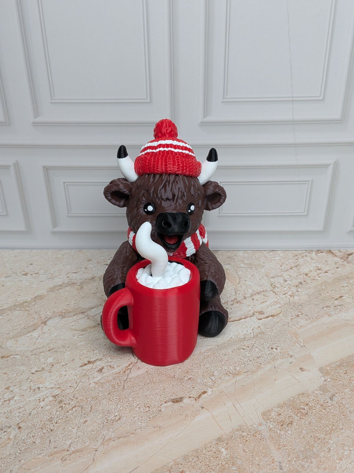4" Hot Cocoa Highland Cow Figurine 3D Printed Winter Mug Christmas Tiered Tray Decor