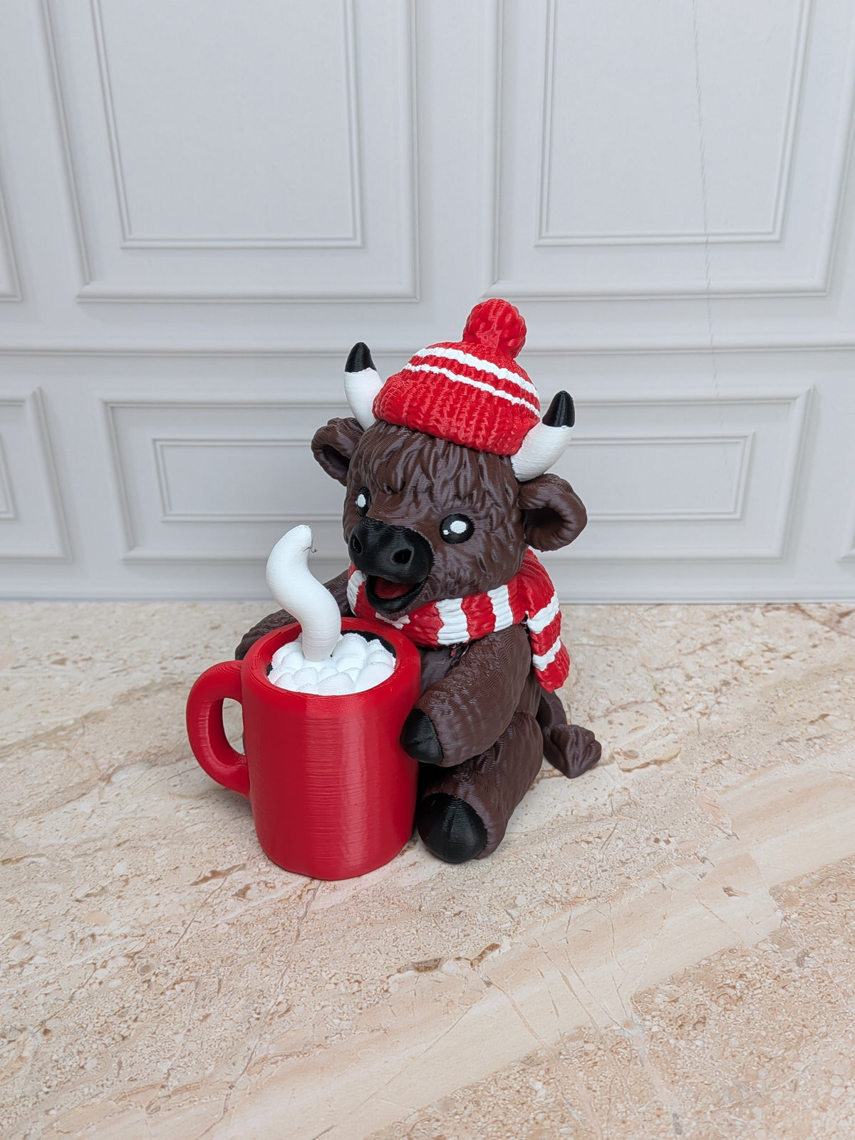 4" Hot Cocoa Highland Cow Figurine 3D Printed Winter Mug Christmas Tiered Tray Decor