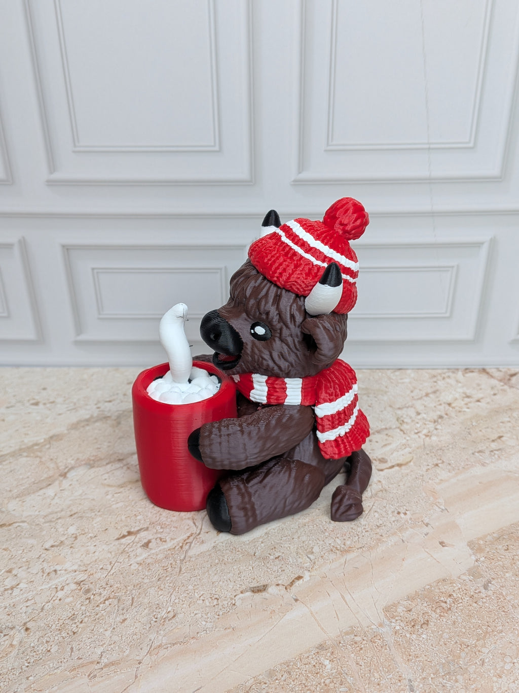 4" Hot Cocoa Highland Cow Figurine 3D Printed Winter Mug Christmas Tiered Tray Decor