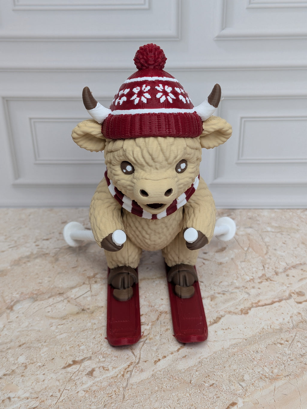 4" Skiing Highland Cow Figurine 3D Printed Winter Skier Christmas Tiered Tray Decor