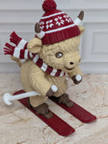 4" Skiing Highland Cow Figurine 3D Printed Winter Skier Christmas Tiered Tray Decor