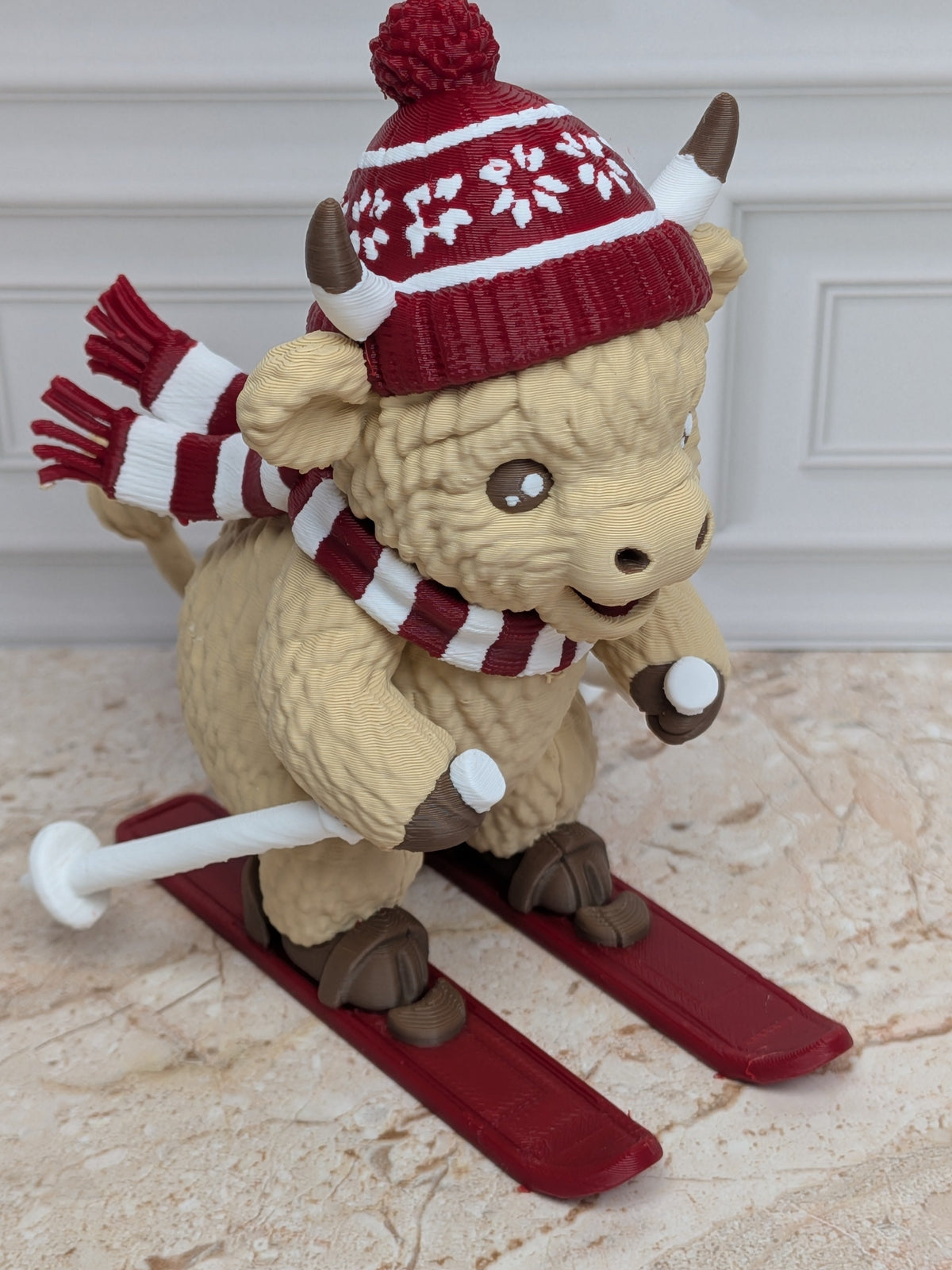 4" Skiing Highland Cow Figurine 3D Printed Winter Skier Christmas Tiered Tray Decor