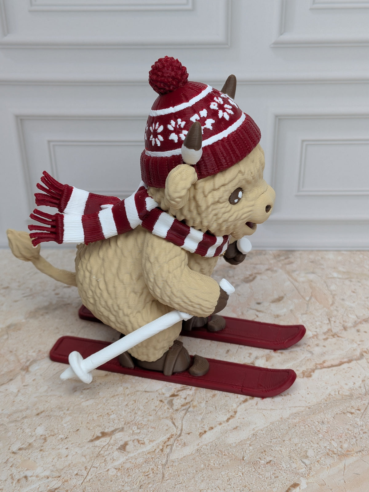 4" Skiing Highland Cow Figurine 3D Printed Winter Skier Christmas Tiered Tray Decor