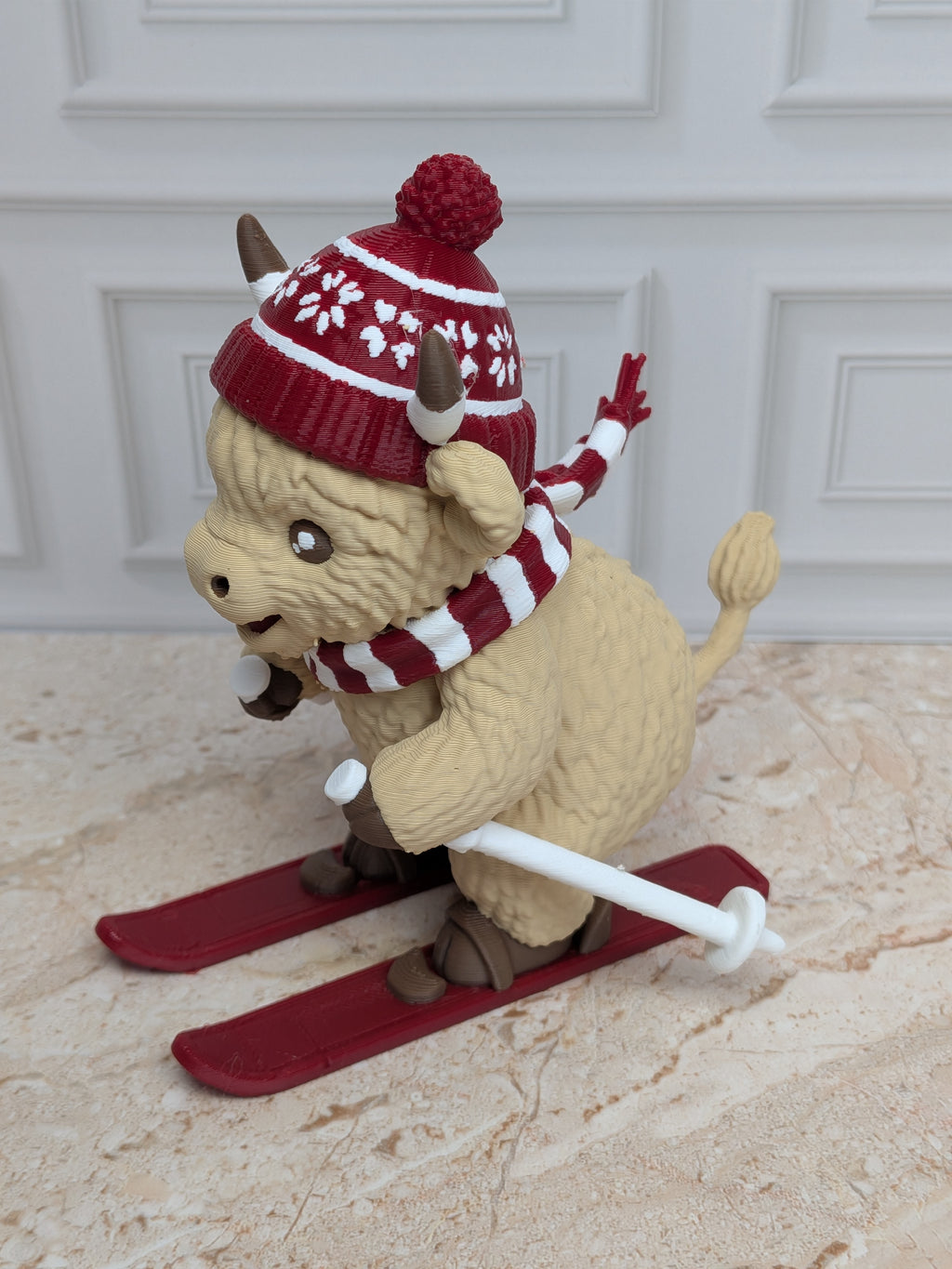 4" Skiing Highland Cow Figurine 3D Printed Winter Skier Christmas Tiered Tray Decor