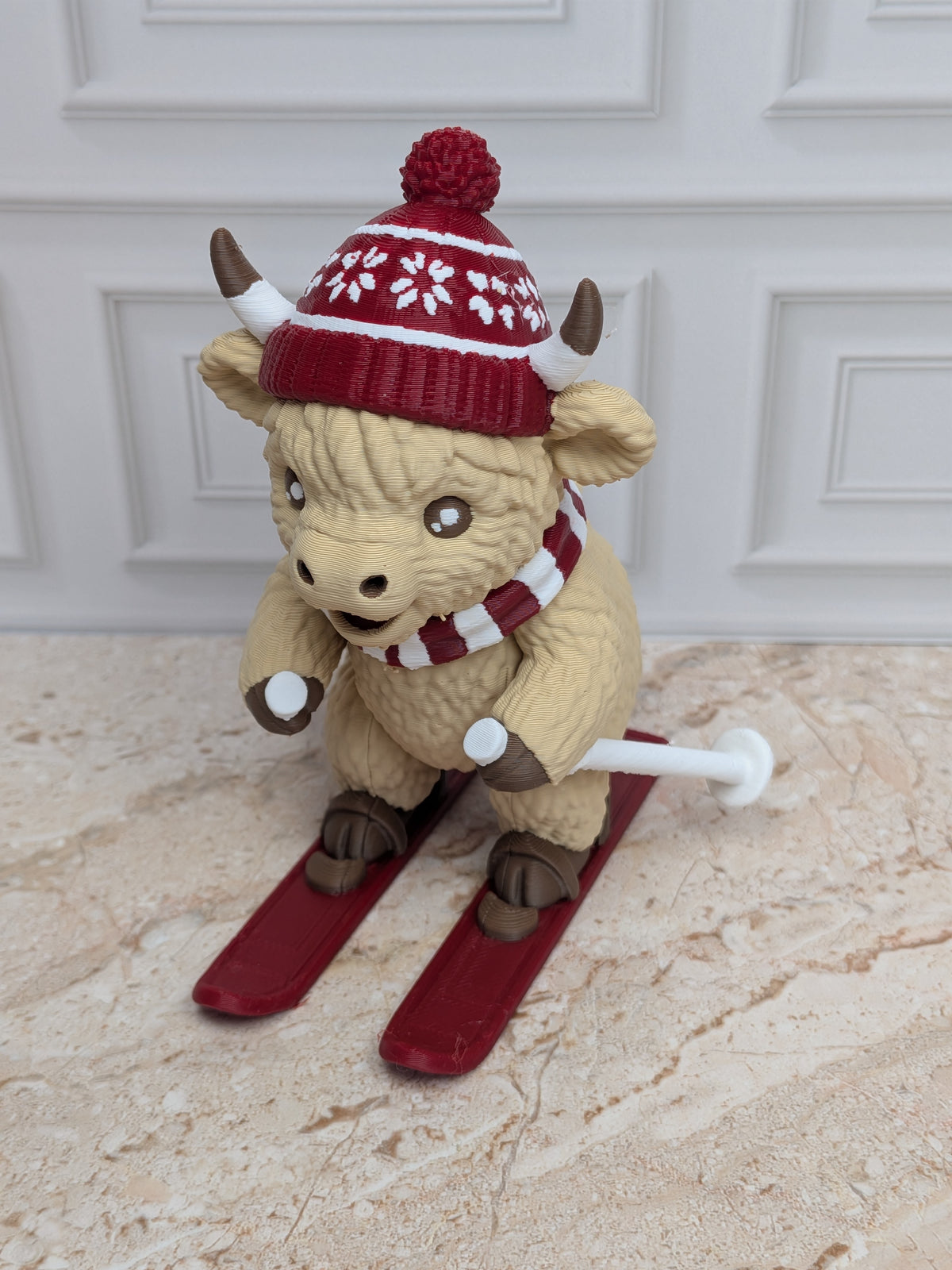 4" Skiing Highland Cow Figurine 3D Printed Winter Skier Christmas Tiered Tray Decor