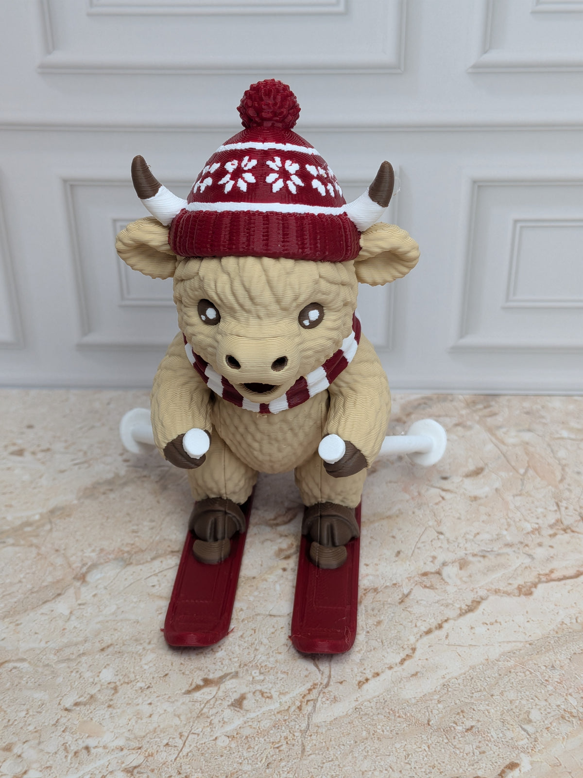 4" Skiing Highland Cow Figurine 3D Printed Winter Skier Christmas Tiered Tray Decor