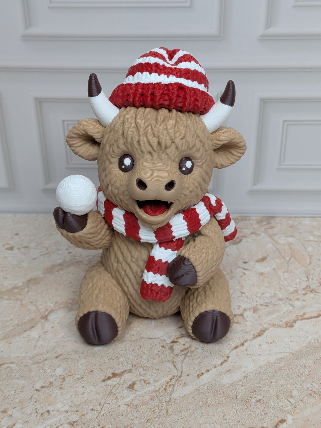 4" Snowball Highland Cow Figurine 3D Printed Winter Fight Christmas Tiered Tray Decor