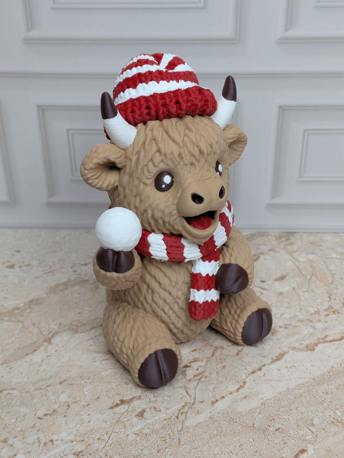 4" Snowball Highland Cow Figurine 3D Printed Winter Fight Christmas Tiered Tray Decor