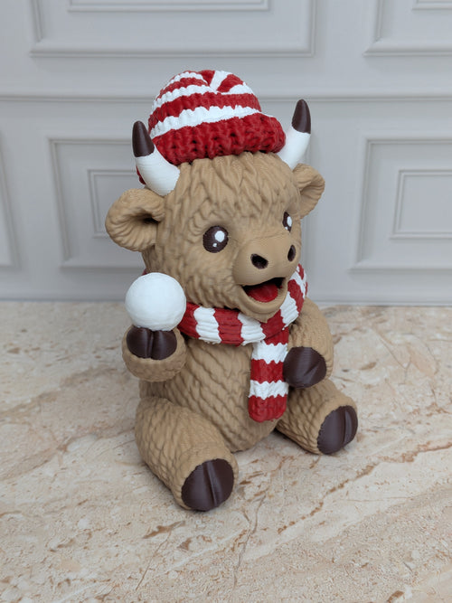 4" Snowball Highland Cow Figurine 3D Printed Winter Fight Christmas Tiered Tray Decor