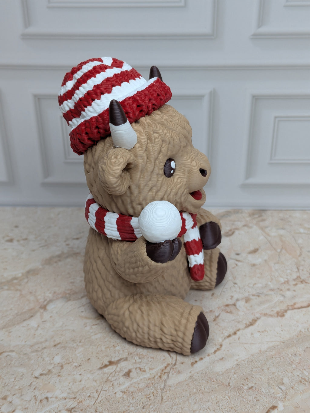 4" Snowball Highland Cow Figurine 3D Printed Winter Fight Christmas Tiered Tray Decor
