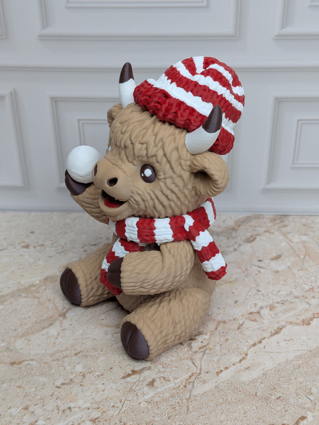 4" Snowball Highland Cow Figurine 3D Printed Winter Fight Christmas Tiered Tray Decor