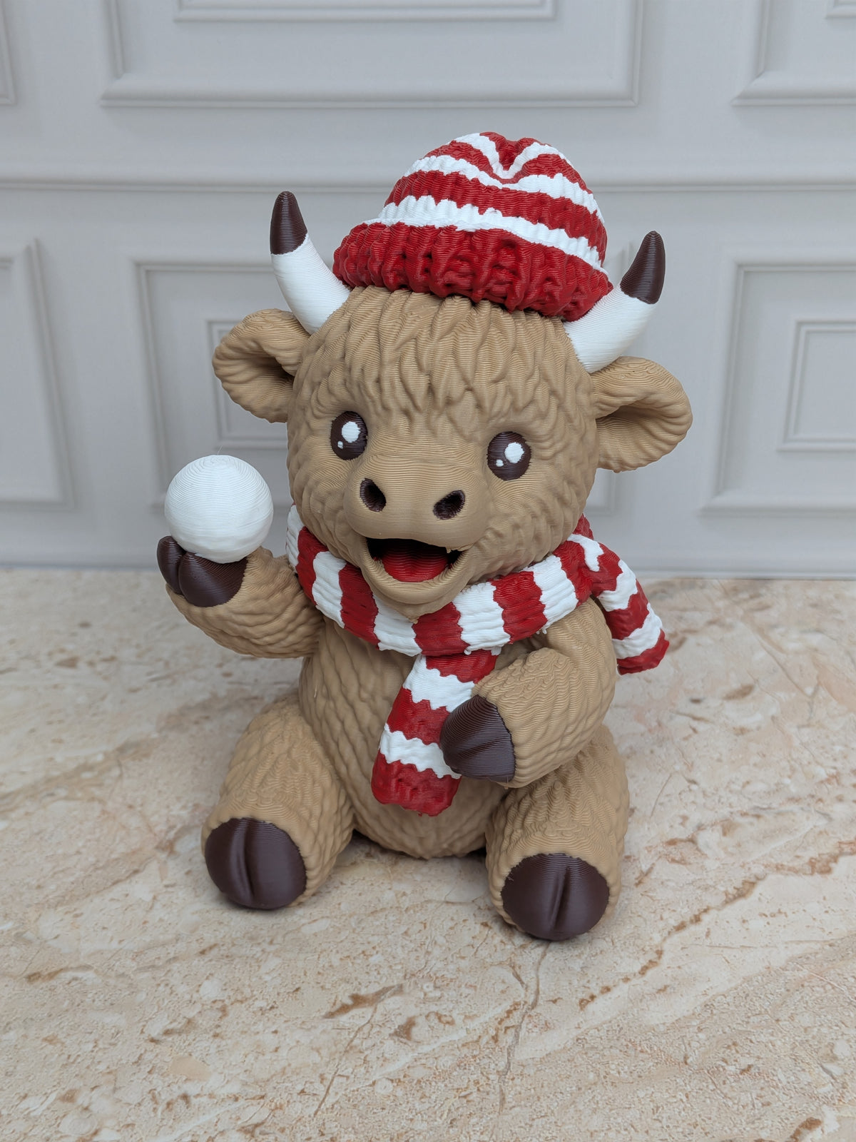 4" Snowball Highland Cow Figurine 3D Printed Winter Fight Christmas Tiered Tray Decor