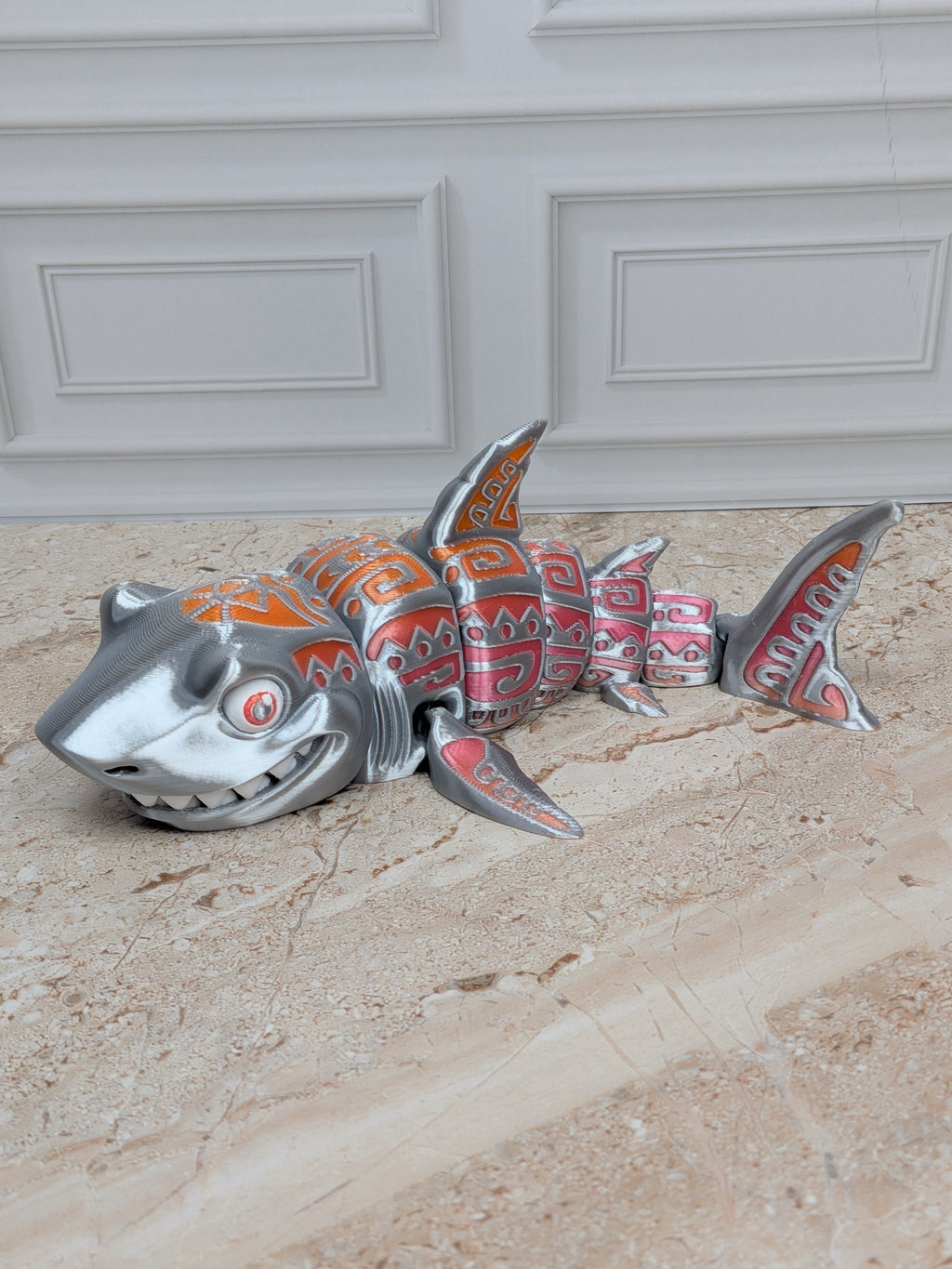6" Flexi Tattooed Shark Figurine 3D Printed Articulated Tribal Predator Fidget Desk Toy