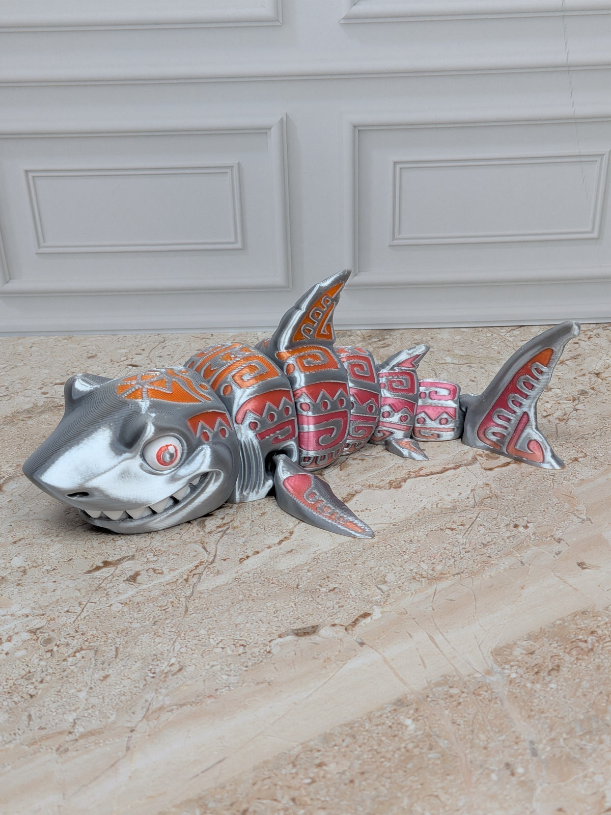 6" Flexi Tattooed Shark Figurine 3D Printed Articulated Tribal Predator Fidget Desk Toy