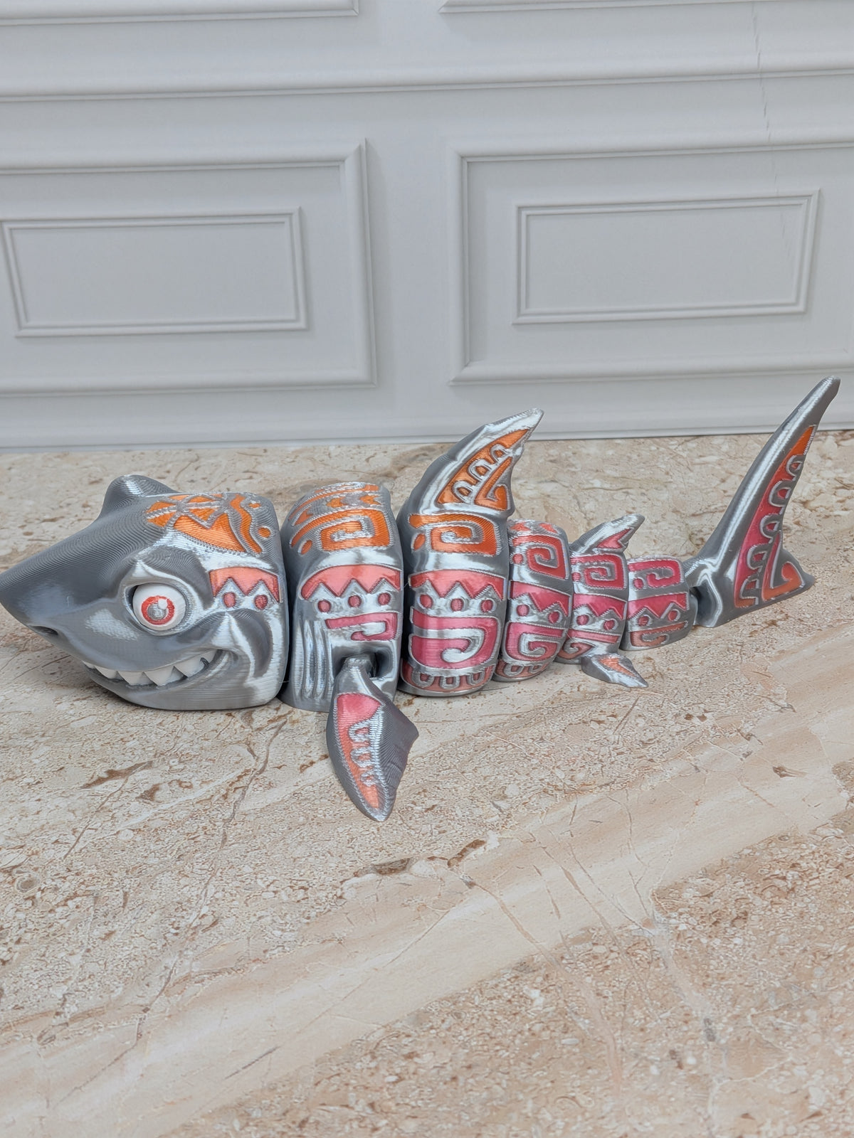 6" Flexi Tattooed Shark Figurine 3D Printed Articulated Tribal Predator Fidget Desk Toy