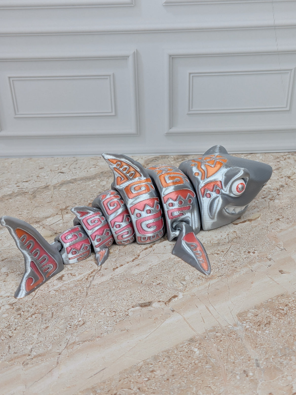 6" Flexi Tattooed Shark Figurine 3D Printed Articulated Tribal Predator Fidget Desk Toy
