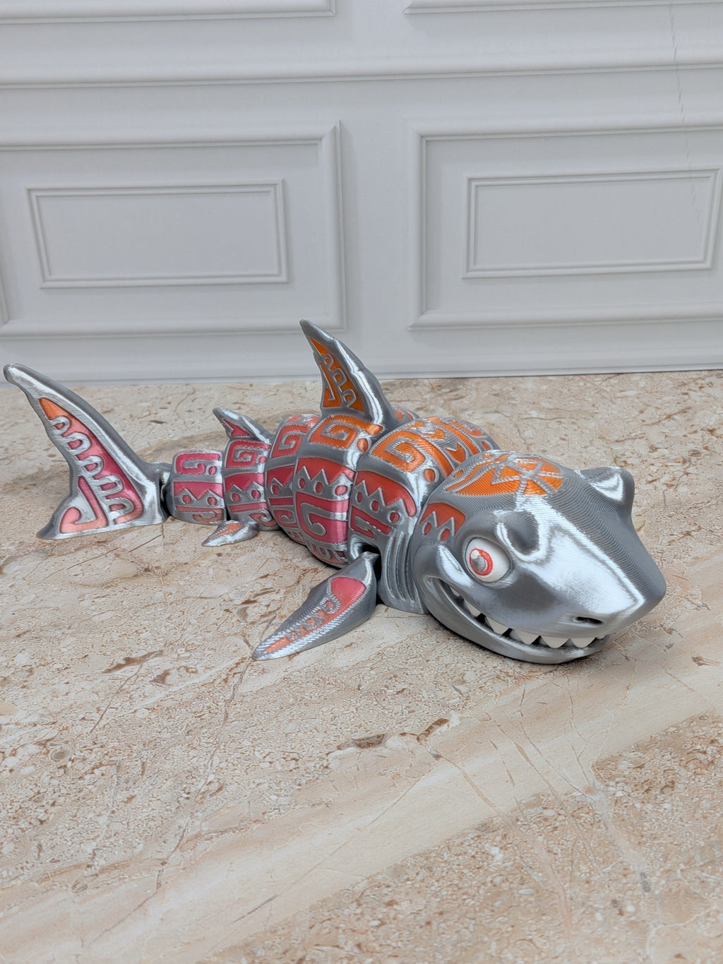 6" Flexi Tattooed Shark Figurine 3D Printed Articulated Tribal Predator Fidget Desk Toy