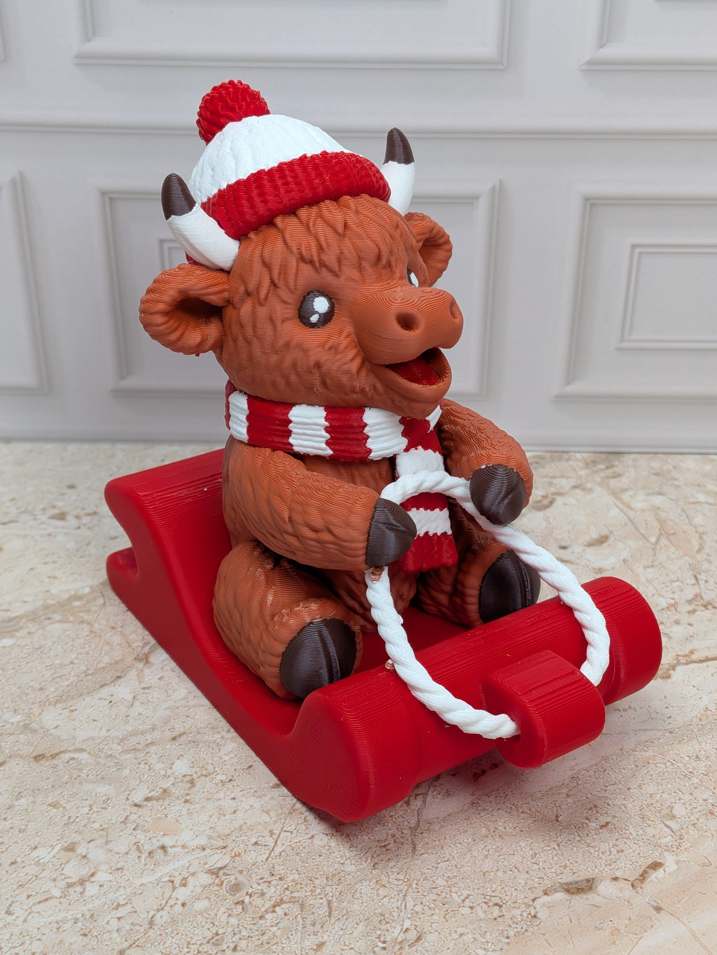 4" Sledding Highland Cow Figurine 3D Printed Toboggan Christmas Tiered Tray Decor