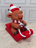 4" Sledding Highland Cow Figurine 3D Printed Toboggan Christmas Tiered Tray Decor