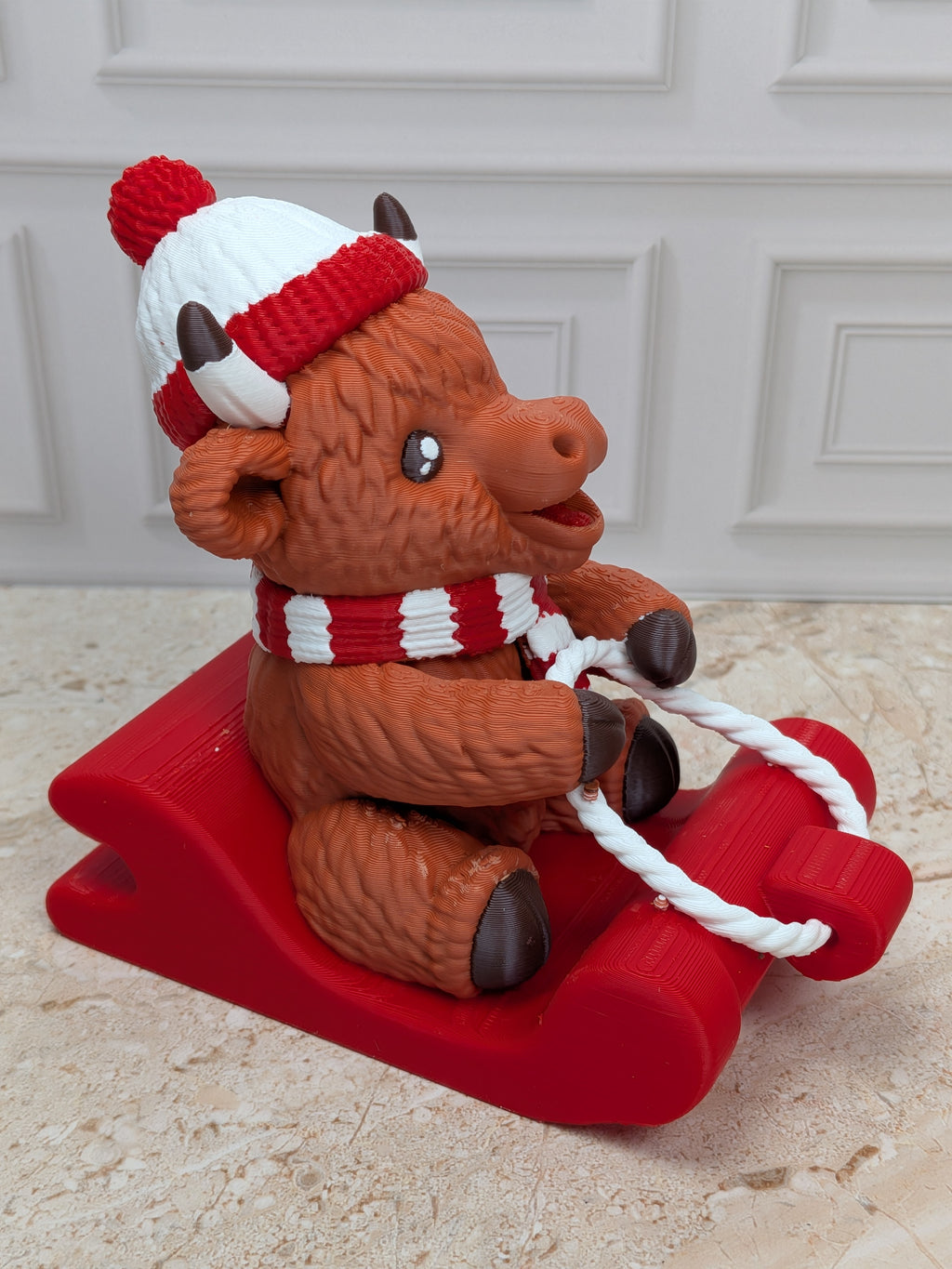 4" Sledding Highland Cow Figurine 3D Printed Toboggan Christmas Tiered Tray Decor