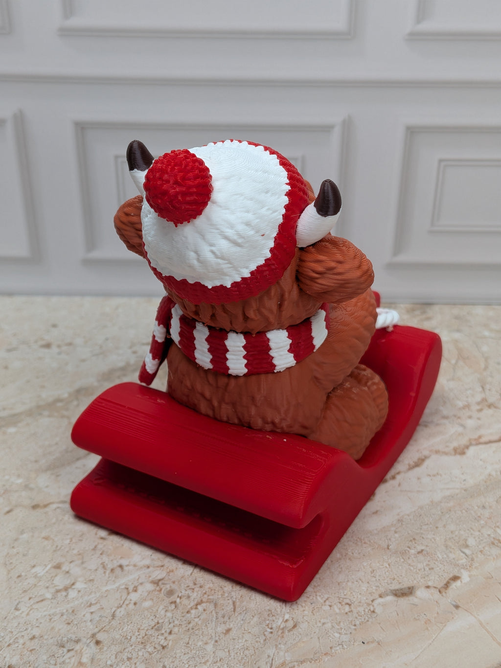 4" Sledding Highland Cow Figurine 3D Printed Toboggan Christmas Tiered Tray Decor