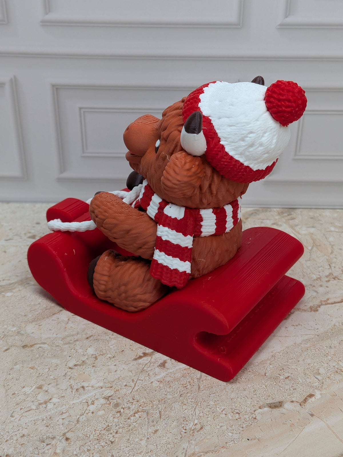 4" Sledding Highland Cow Figurine 3D Printed Toboggan Christmas Tiered Tray Decor