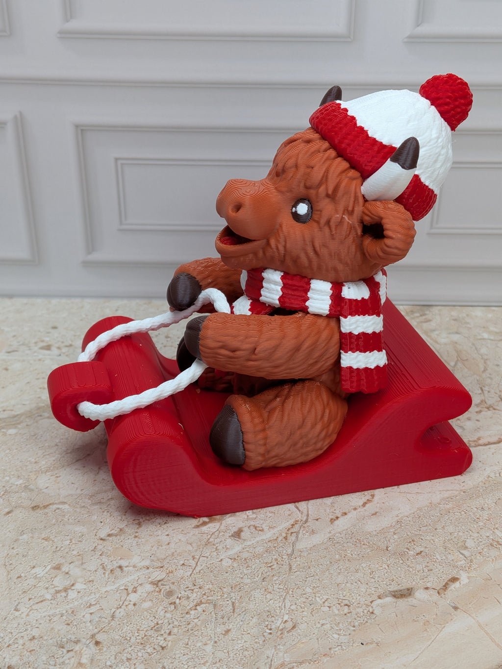 4" Sledding Highland Cow Figurine 3D Printed Toboggan Christmas Tiered Tray Decor