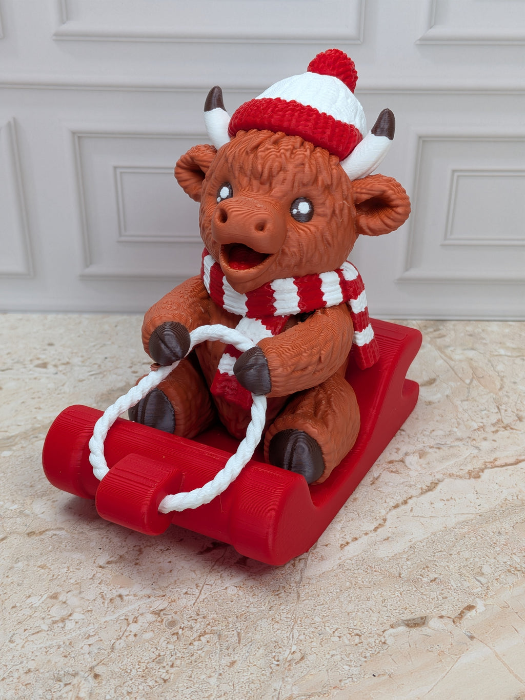 4" Sledding Highland Cow Figurine 3D Printed Toboggan Christmas Tiered Tray Decor