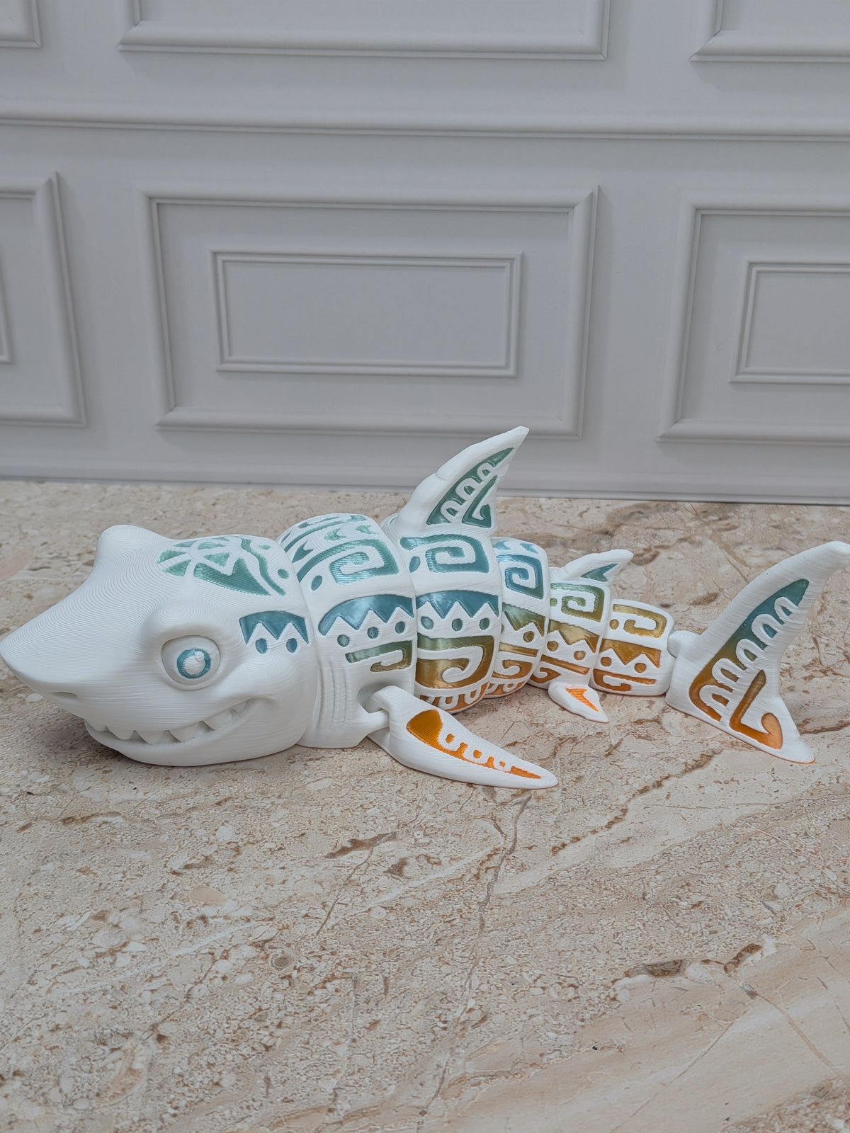 6" Flexi Tattooed Shark Figurine 3D Printed Articulated Tribal Predator Fidget Desk Toy