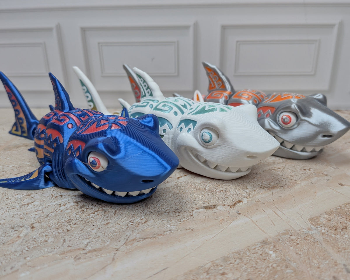 6" Flexi Tattooed Shark Figurine 3D Printed Articulated Tribal Predator Fidget Desk Toy
